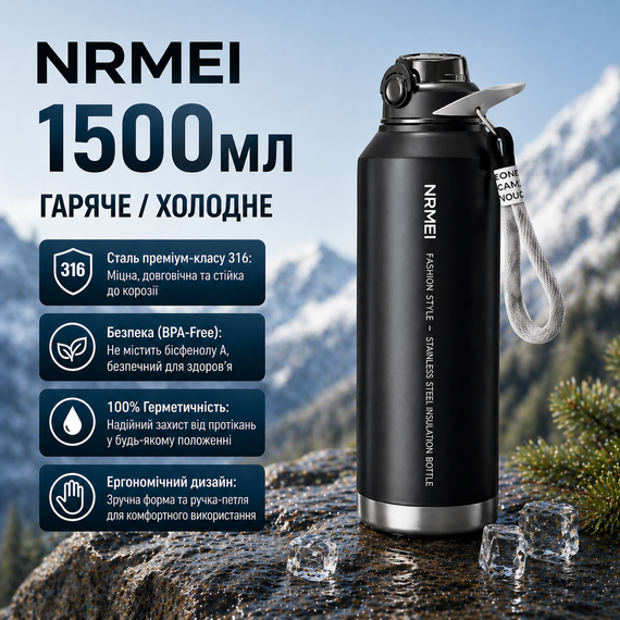 Термос NRMEI из нержавеющей стали 316 герметичный не содержит BPA 1500 мл Черный
