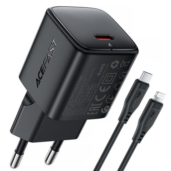 СЗУ Acefast A117 mini PD20W GaN (1USB-C) + кабель Type-C to Lightning Black