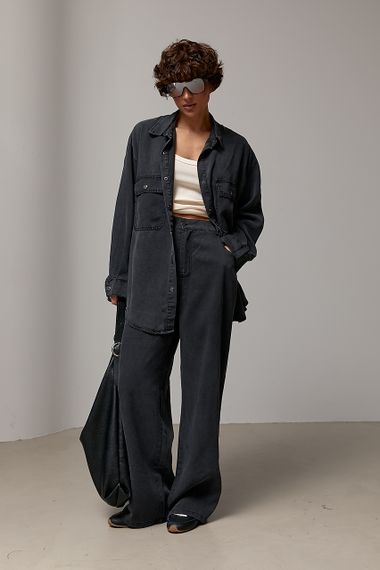 Вільний котоновий костюм із сорочки на кнопках і прямих штанів - чорний цвет, ONE SIZE (є розміри) | Зображення 4