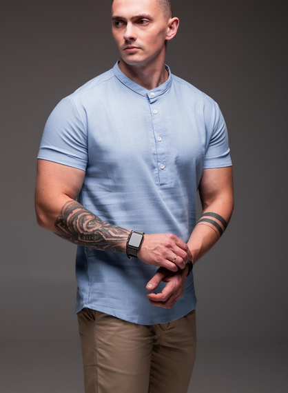 Мужская льнаная рубашка с коротким рукавом и воротником стойка на трех пуговицах RA1504 цвет голубой, размер XL | Зображення 4