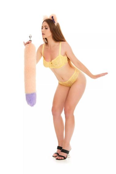 Анальний хутряний хвіст без пробки, Персиковий з фіолетовим кінчиком, OKOVA 60 см. Sex Aura | Зображення 5