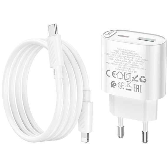 МЗП Hoco C109A Fighter PD20W+QC3.0 (1USB-A/1C) + кабель Type-C to Lightning White | Зображення 5