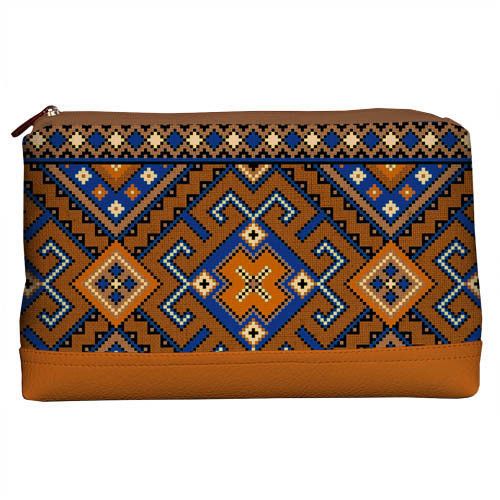 Косметичка дорожня жіноча Lovely Украинский орнамент с коричневым кожзамом 26x15x8 см