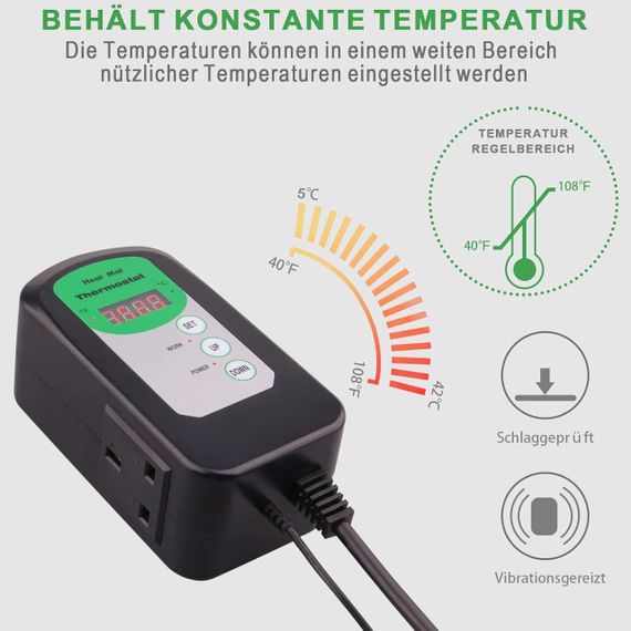 Цифровий термостатний регулятор RIOGOO для пророщування насіння, рослин, рептилій, ферментації, 20–42 °C, терморегулятор | Зображення 5