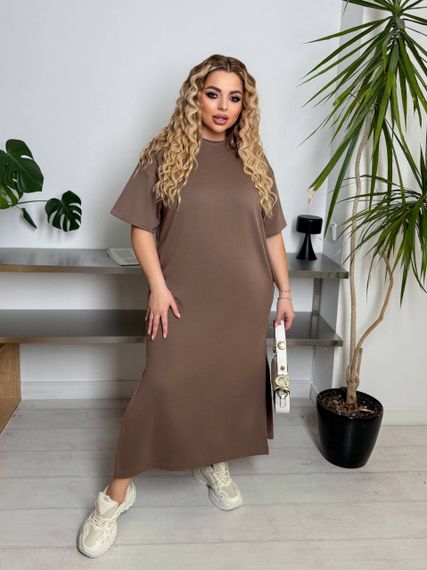 Женское платье-футболка длинное с коротким рукавом, больших и батальных размеров IS870, цвет мокко, размер 58/60 | Зображення 4