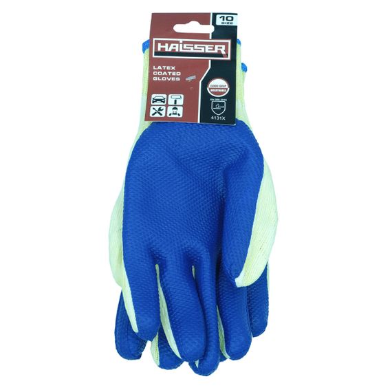 Рукавички поліестер жовті з синім латексним покриттям Haisser 211435