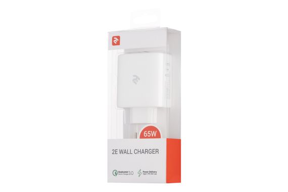 Зарядний пристрій 2E мережевий 65Вт 2хUSB-C/USB-A GAN PD/QC, білий (2E-WC3USB65W-W) | Зображення 1