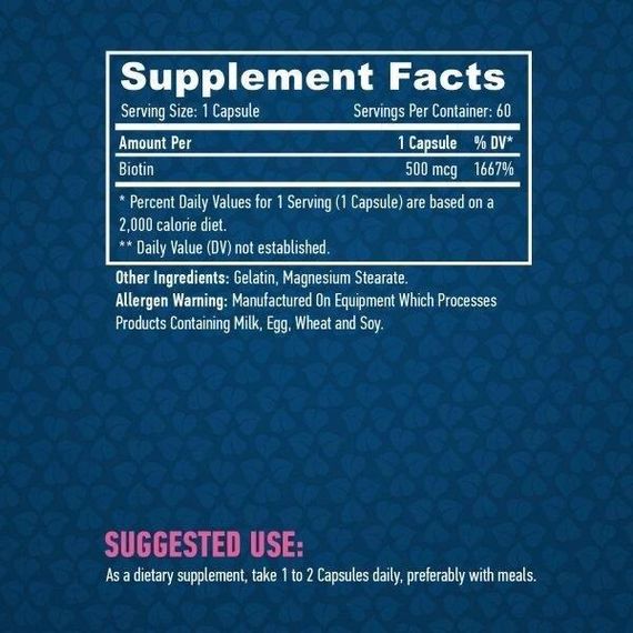 Биотин Haya Labs Biotin 500 mcg 60 Caps | Зображення 1