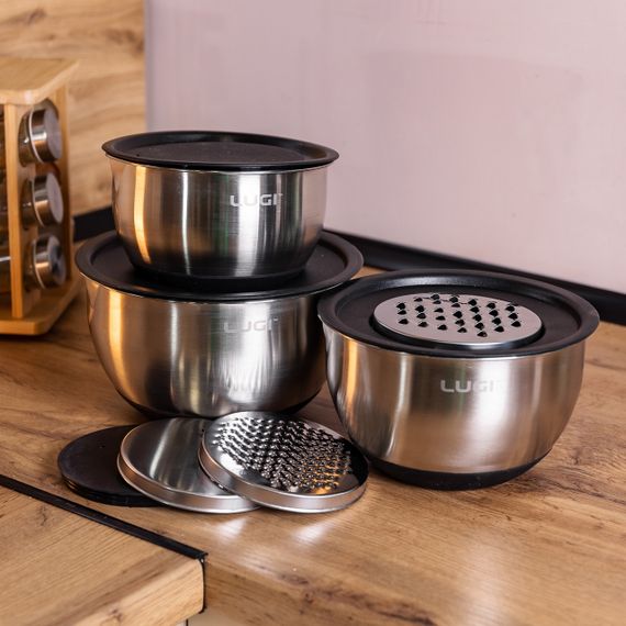 Набір мисок з нержавіючої сталі з кришками і терками салатники з нержавійки 3 штуки 2.5 л/2 л/1.5 л LG-02/3PCS | Зображення 4