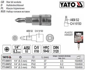 Головка торцевая 1/4" вставка PH2 l-37 мм Польша YATO YT-04412