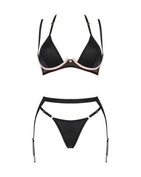Комплект білизни Obsessive Selinne 3-pcs set M/L Black, бюстгальтер, стрінги пояс для панчіх | Зображення 2