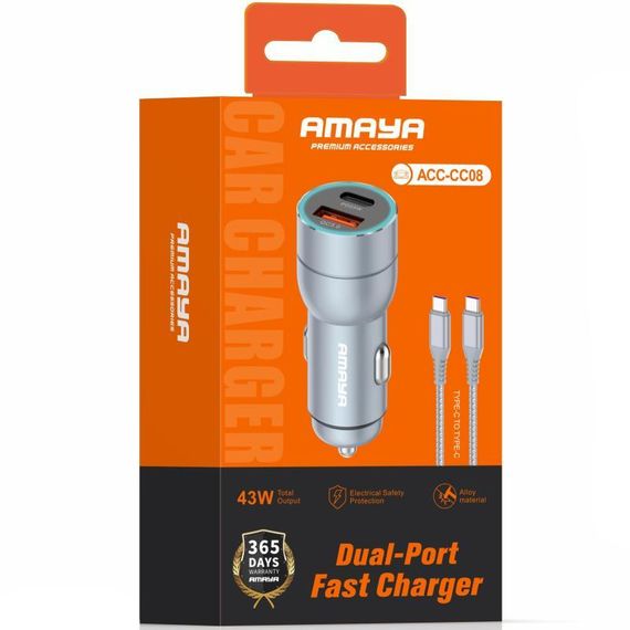 АЗП Amaya ACC-CC08 PD20W+QC3.0  total 43W (1USB-A/1C) + кабель Type-C to Type-C Gray | Зображення 1