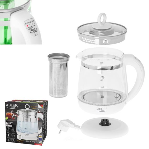 Електрочайник Adler AD 1299 1850-2200Вт/ 1.5л/ скло/ заварник/ встановлення температури/ білий | Зображення 2