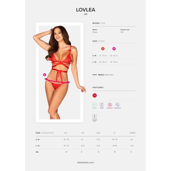 Комплект мереживний Obsessive Lovlea зі стрічками, червоний, L/XL | Зображення 6