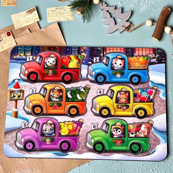 Дерев'яна гра з картками "Тварини на машинках" Ubumblebees (ПСФ132) PSF132, 42 деталі і 12 карток | Зображення 1