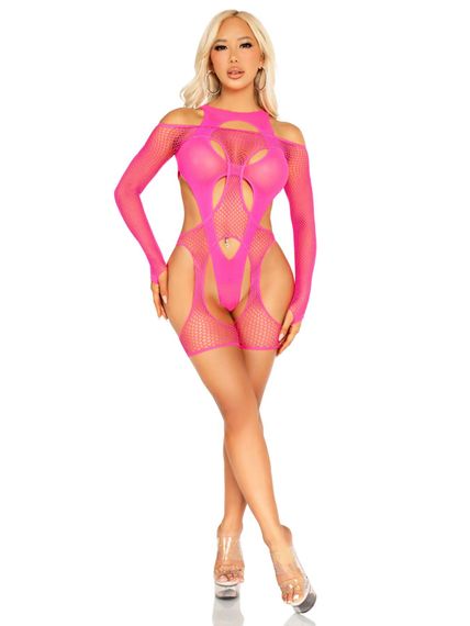 Бодістокінг Leg Avenue Fishnet Garter Harness and Teddy One Size Neon Pink | Зображення 4