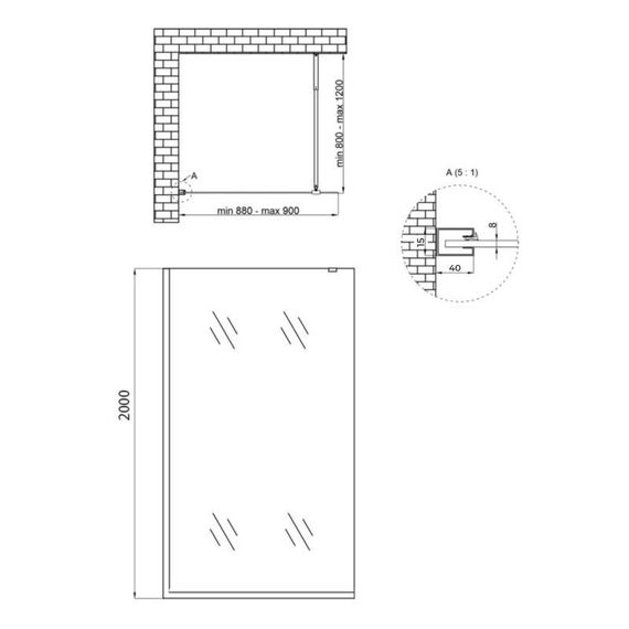 Душова перегородка Qtap Walk-In Standard BLM209.C8 90х200 см, скло Clear 8 мм, покриття CalcLess | Зображення 1