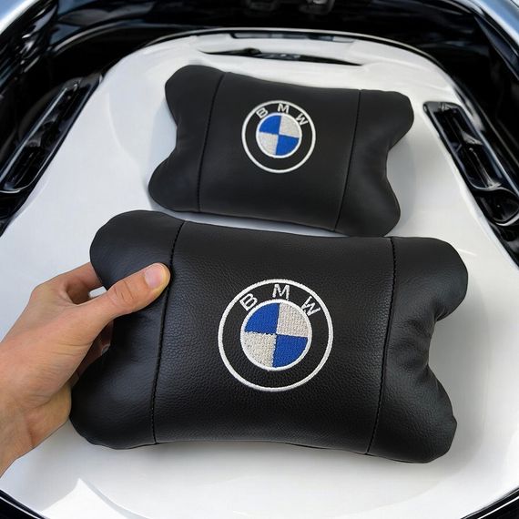 Авто подушки 2 шт — набор BMW из натуральной кожи, на подголовник в машину, Автомобильная OC-135 подушка БМВ | Зображення 1