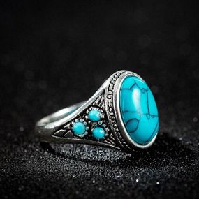 Серебристое кольцо с крупным искусственным бирюзовым камнем, винтажный дизайн, размер 15