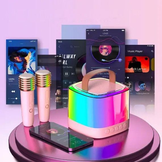 Портативная колонка-караоке + 2 микрофона, Bluetooth, USB, TF, AUX, T7, Розовый / Беспроводная колонка / Блютуз колонка | Зображення 8