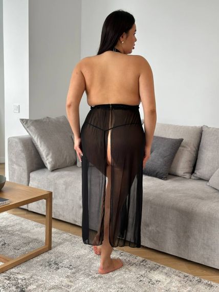 Еротичний чорний мереживний довгий пеньюар PLUS SIZE | Зображення 6
