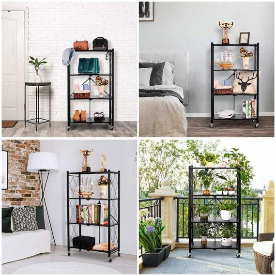 Стелаж мобільний чотириярусний універсальний розкладний з нержавіючої сталі 126х72х34см Чорний SW-00002098 | Зображення 6