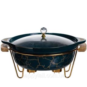 Мармит фарфоровый настольный круглый 2 (л) мармитница с подогревом Зеленый мрамор LC-715