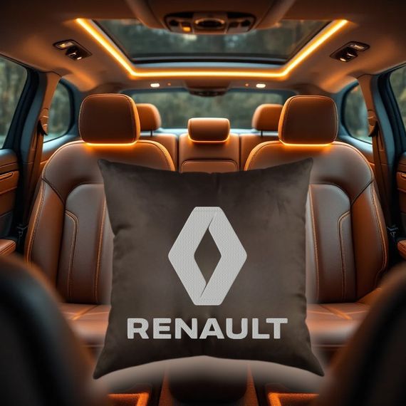 Авто Подушка з вишивкою логотипу марки рено Renault коричневий автомобілісту 00168