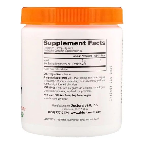 Препарат для суставов и связок Doctor's Best MSM Powder with OptiMSM 8.8 oz 250 g /83 servings/ DRB-00076 | Зображення 1