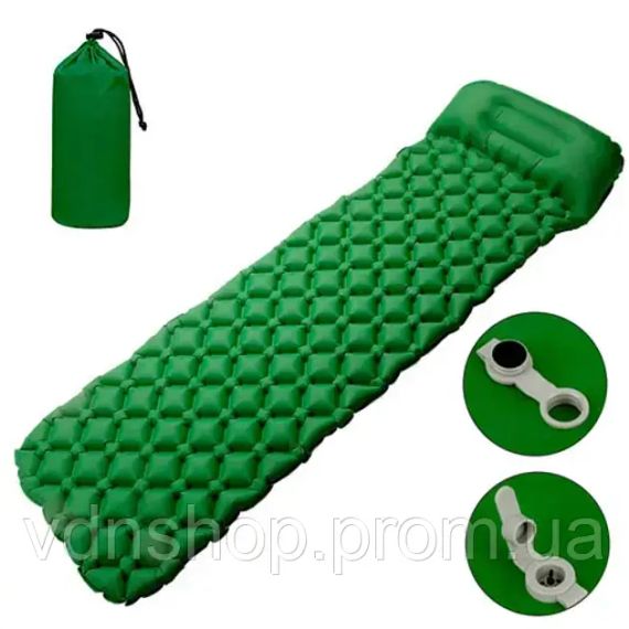 Коврик надувной туристический с подушкой матрас 190x60x5см зеленый с чехлом