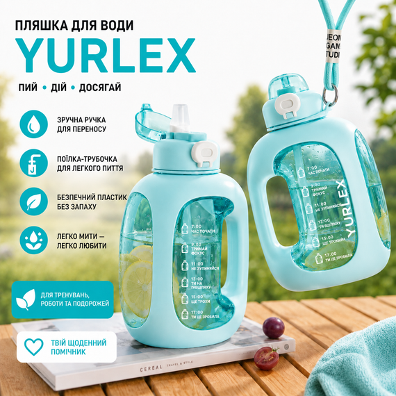 Спортивная бутылка для воды 1.5 л (1500 мл) Бирюзовая - с ручкой и трубочкой без BPA, с мотивирующей шкалой времени | Зображення 2