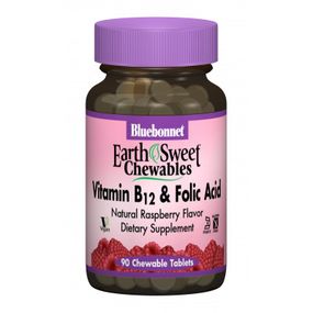 Витамин Bluebonnet Nutrition Витамин В12 и Фолиевая кислота, Вкус Малины, Earth Sweet Che (BLB0434) - Топ