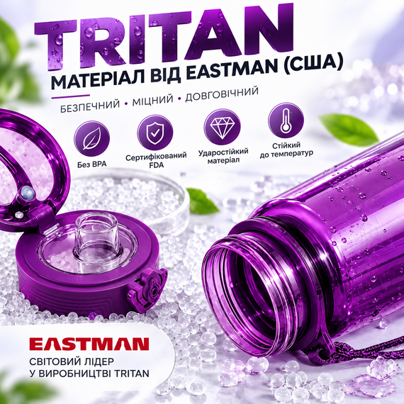 Бутылка для воды KANGZYUAN 500 мл спортивная фиолетовая из тритана Tritan BPA Free ударопрочная с эргономичной крышкой | Зображення 6