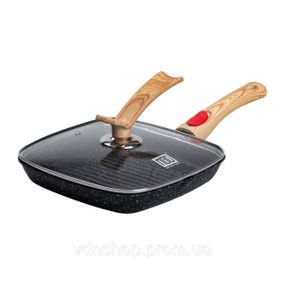 Алюминиевая сковорода-гриль 24 см со стеклянной крышкой, квадратная, черная MGC HP-4-461B