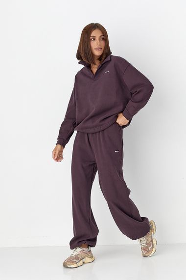 Теплий костюм зі світшотом-поло і прямими штанами - баклажан цвет, ONE SIZE (є розміри)