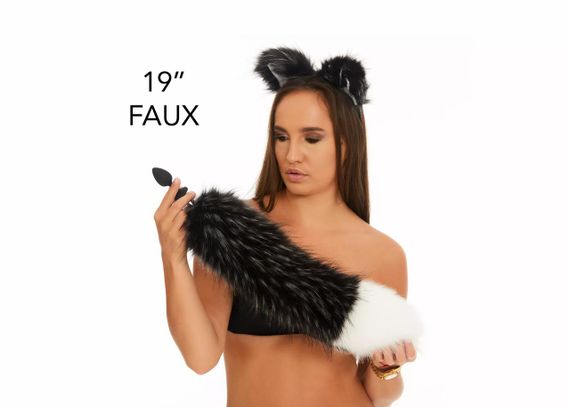 Анальный меховой хвост без пробки, Чернобурый с белым кончиком, OKOVA 50 см. sexstyle