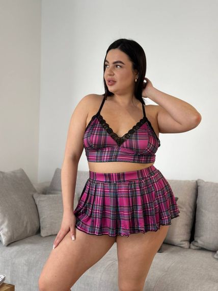 Еротичний рожевий в клітинку костюм студентки  PLUS SIZE | Зображення 9