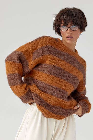 Теплий светр оверсайз у смужку - гірчичний цвет, ONE SIZE (є розміри) | Зображення 4