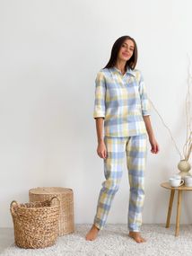 Домашній жіночий комплект COSY у клітинку жовто/сірий (сорочка+штани)