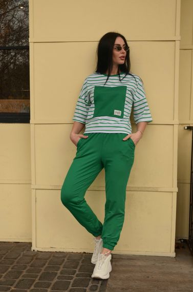 Женский летний споривный костюм штаны и футболка в полоску  GF1712 цвет зеленый размер 42/44