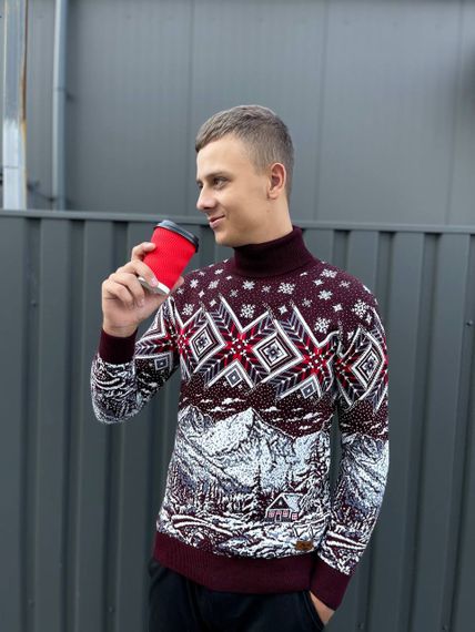 Мужской новогодний свитер с узорами PA2654 цвет бордовый, размер XL | Зображення 1