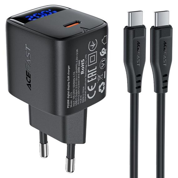 СЗУ Acefast A113 PD20W GaN (1USB-C) + кабель Type-C to Type-C Black
