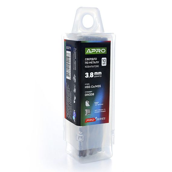 Свердло для металу кобальтове HSS-Co/M35 Ø 3.8 мм (тубус, красно 10 шт.) PRO APRO 8307111