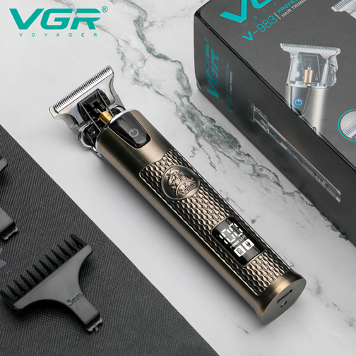 Триммер аккумуляторный VGR V-983 машинка для стрижки бороды и волос с T-образными лезвиями Type-C 4 насадки LED дисплей Золотой | Зображення 4