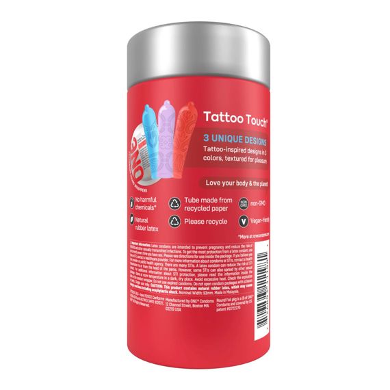 Презервативи ONE Tattoo Touch, 12 шт, рельєф у вигляді тату, 3 різновиди, подарункове паковання-тубус | Зображення 2
