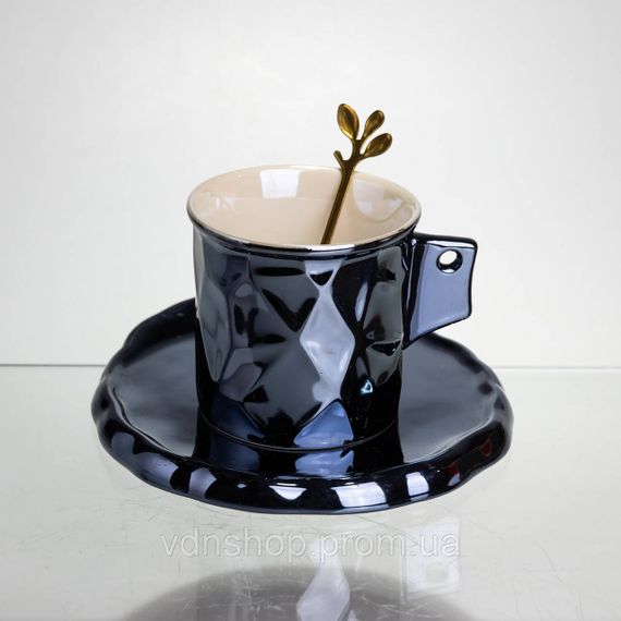 Чашка фарфоровая для кофе 200 (мл) с блюдцем и ложкой, красивая чашка в подарок Черный FM-2A