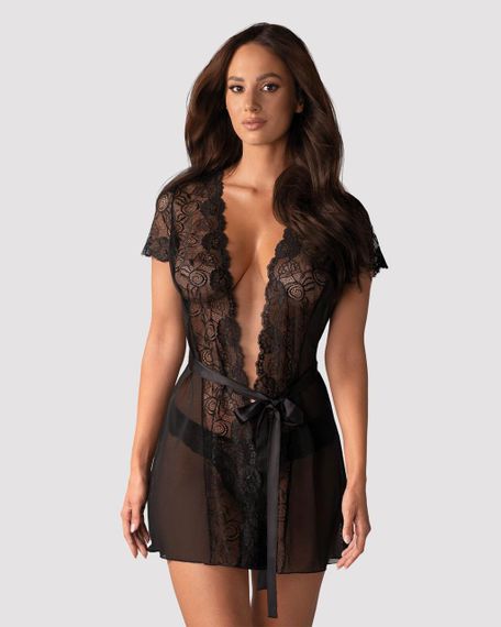 Пеньюар Obsessive Alluria peignoir & thong, S/M, прозрачный, с кружевом, пояс, трусики в комплекте Sex Aura