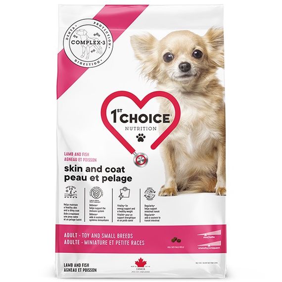 Сухий корм з ягнятком та рибою для здоров'я шкіри та вовни собак малих порід 1st Choice Adult Toy and Small Breeds Healthy Skin & Coat, 5 кг