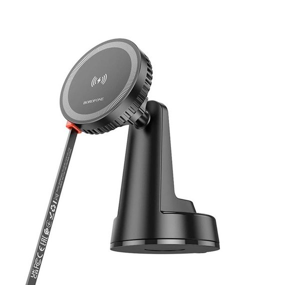 Автотримач BOROFONE BH208 + Wireless Charging 15W, кріплення на торпеду, клямка 50-90мм, Black, Box | Зображення 1
