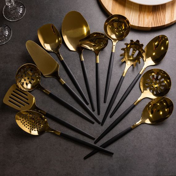 Набір кухонного приладдя 12 предметів столові прилади з нержавіючої сталі Золото з чорним HP-20-22 | Зображення 8